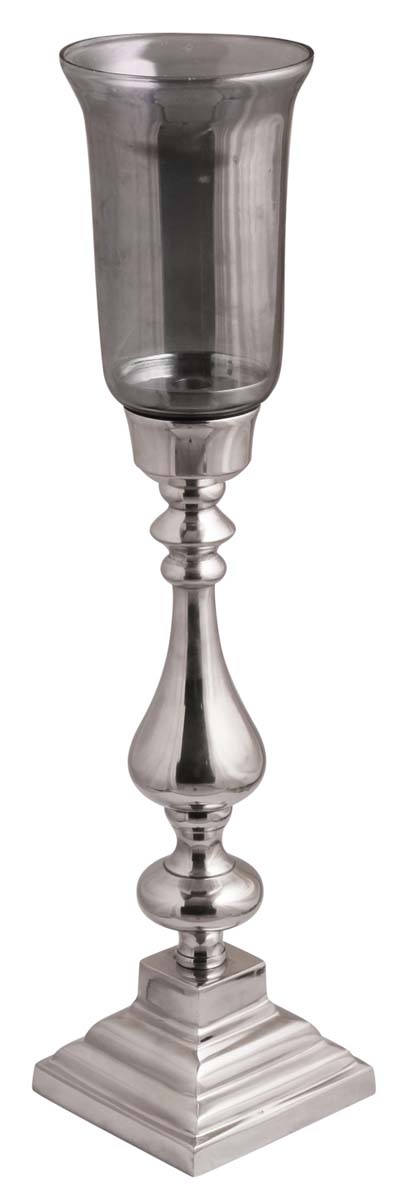 26.5” Aluminum Pillar Candle-Stand with Glass Holder – Steel Finish – Handmade Antique-Look Décor / Gifts